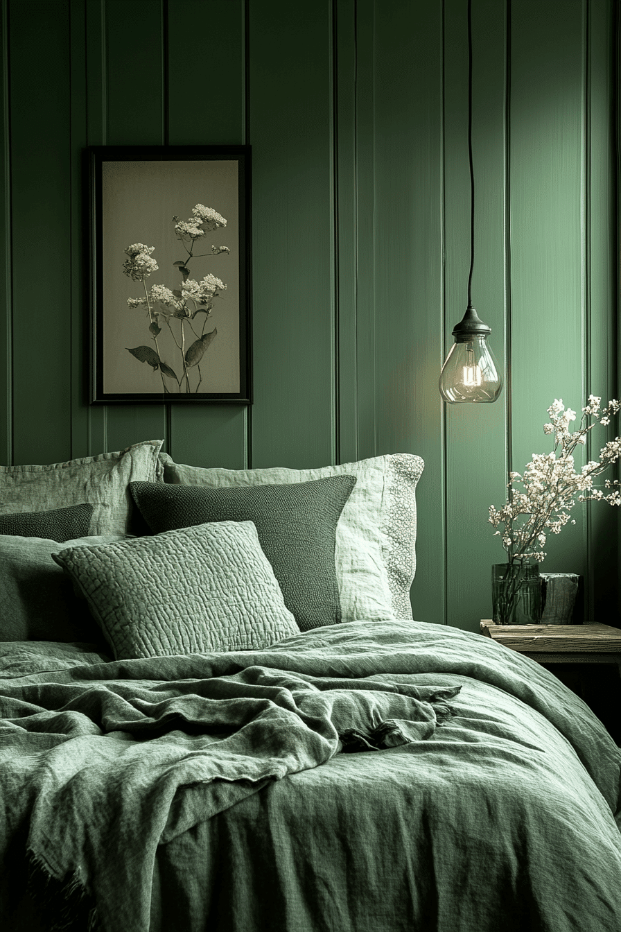 moody green bedroom