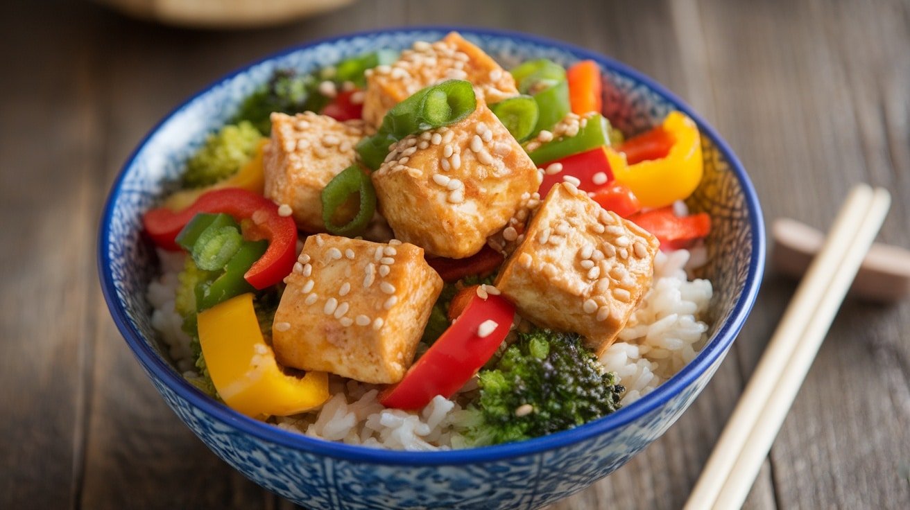 A vibrant bowl of sesame tofu rice with colorful vegetables, garnished with sesame seeds and green onions, on a rustic wooden table.