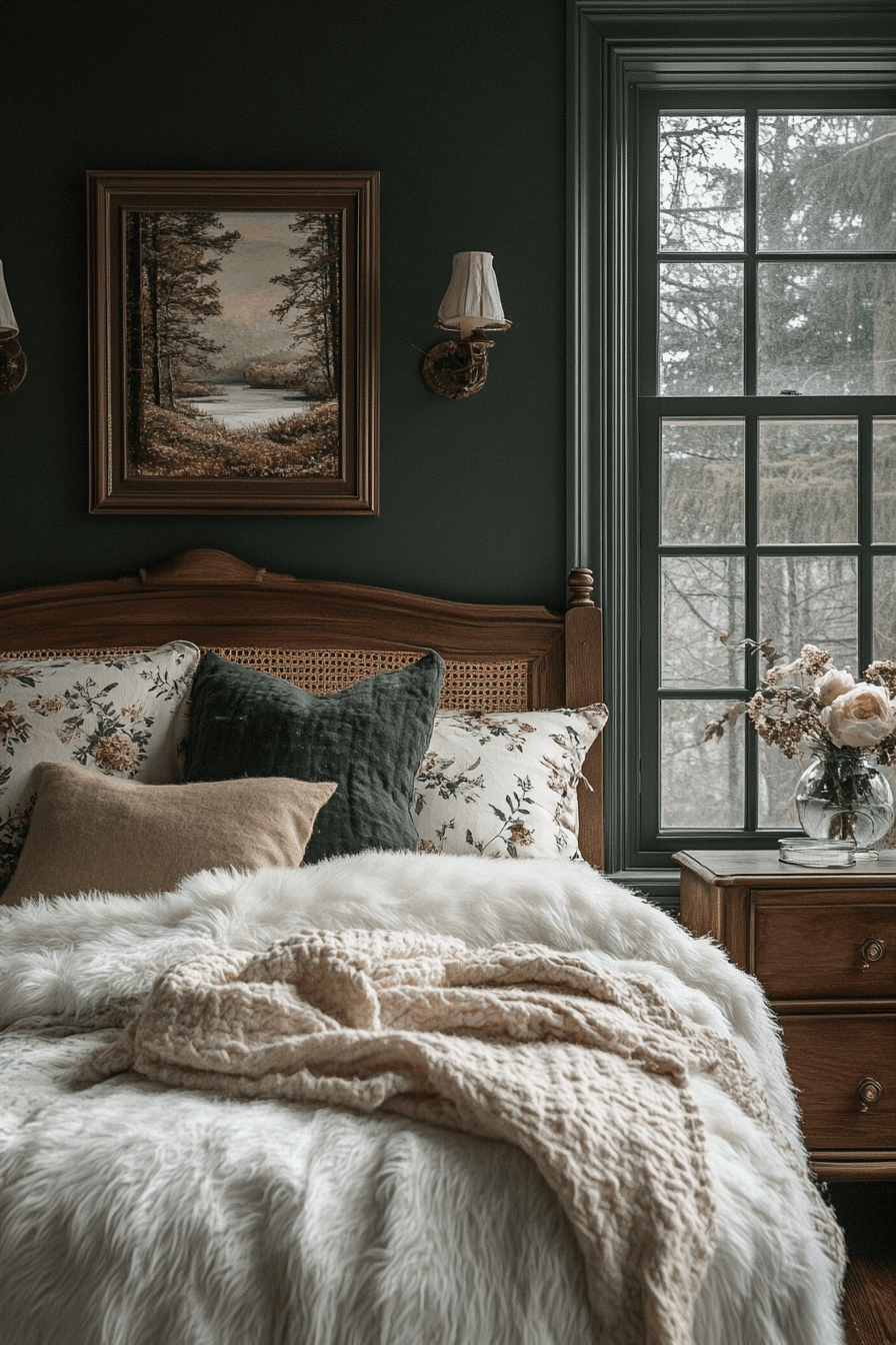 moody green bedroom