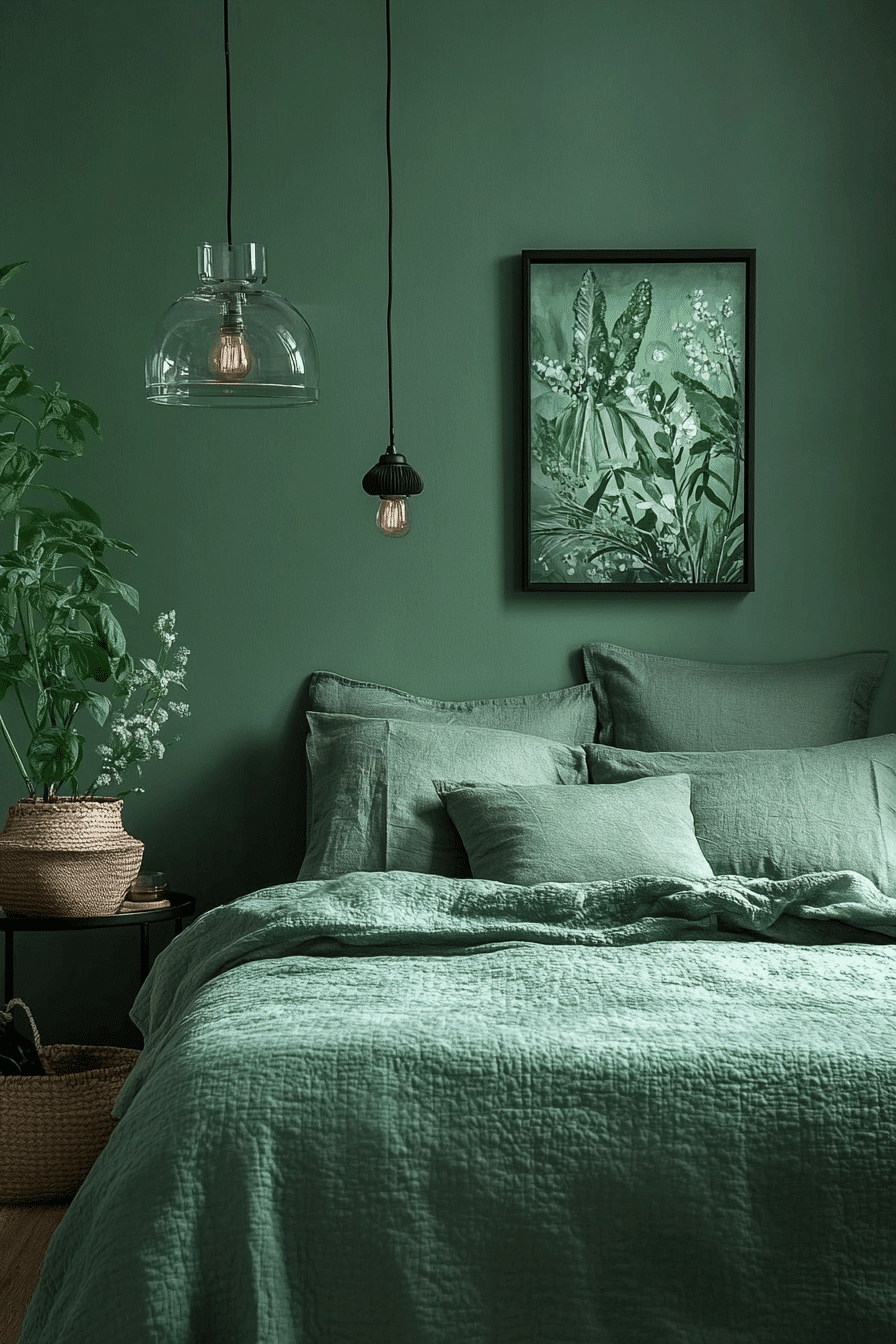 moody green bedroom