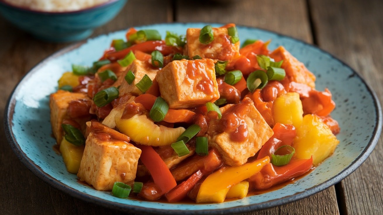 A colorful sweet and sour tofu stir-fry with bell peppers and pineapple on a rustic table.