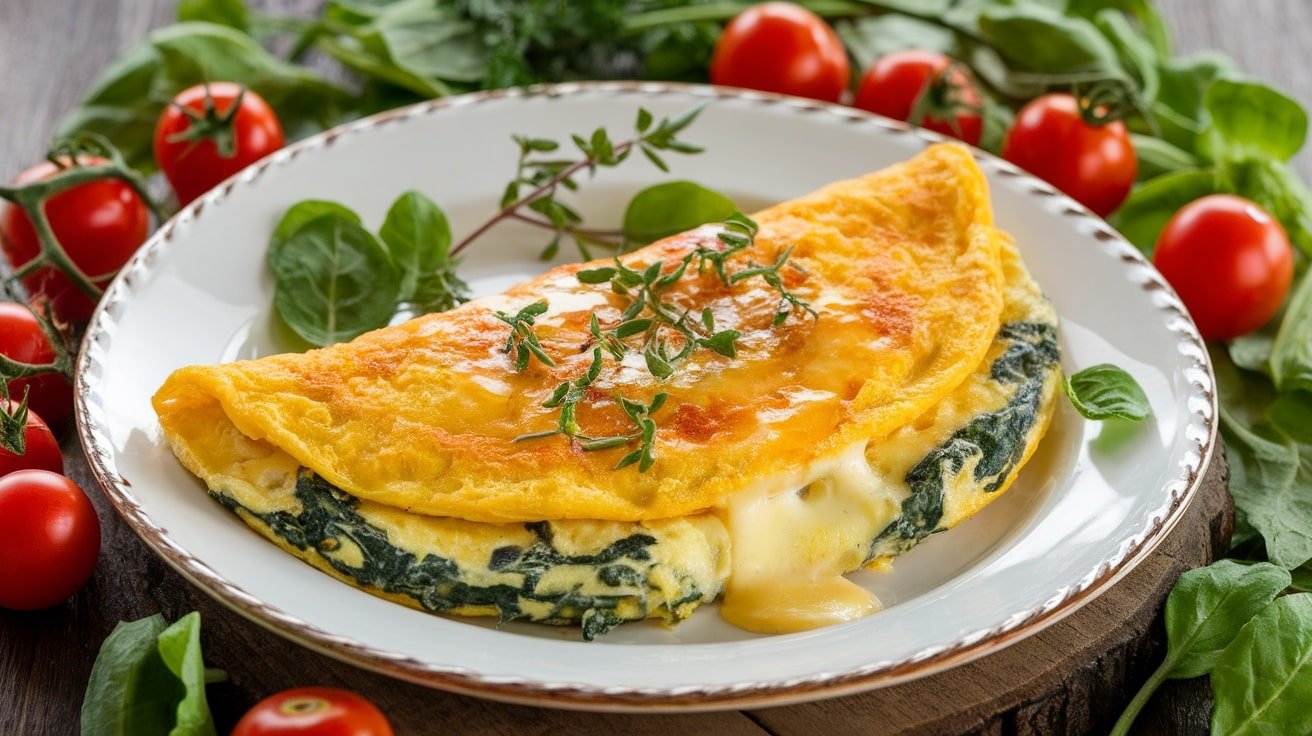 A fluffy spinach and cheese omelette on a plate, garnished with herbs and accompanied by cherry tomatoes.