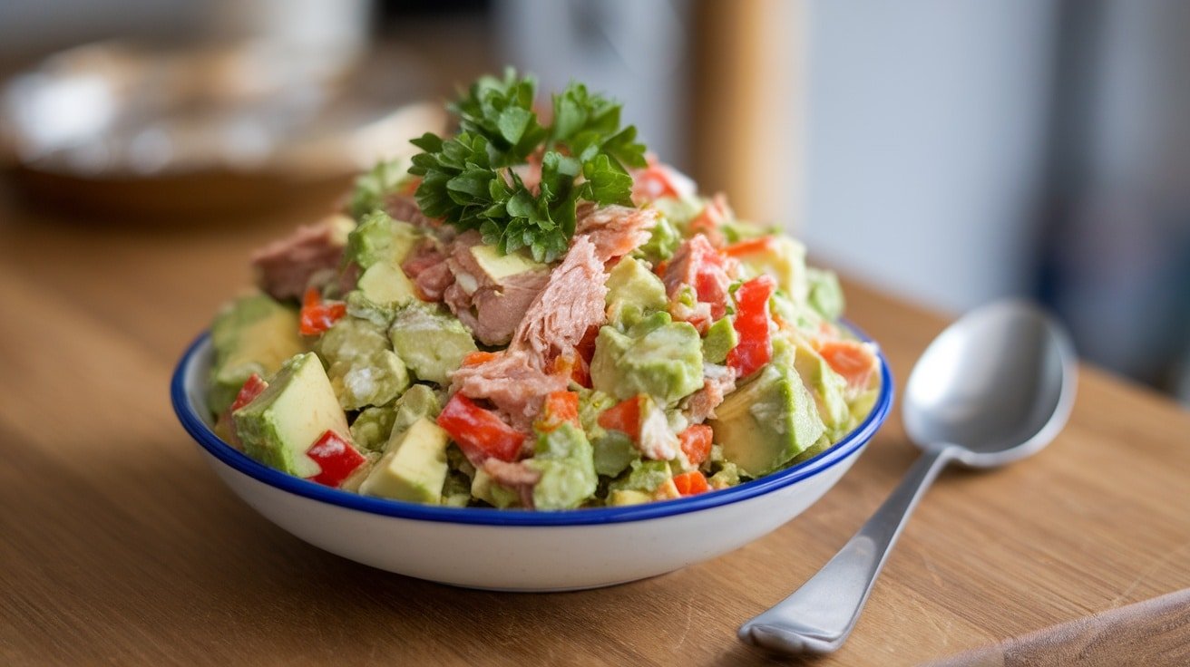 A bowl of avocado and tuna salad with fresh ingredients, garnished with parsley, on a wooden surface.