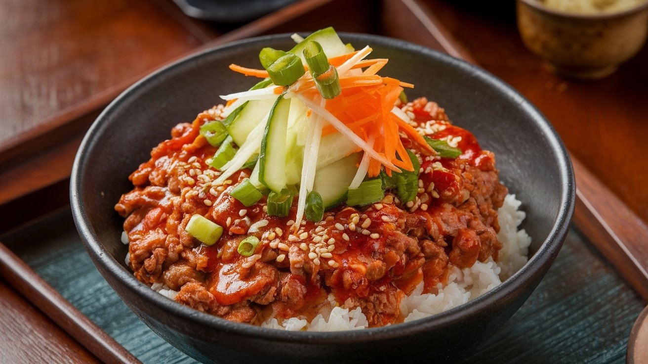 A bowl of spicy Korean beef with rice, garnished with cucumbers, carrots, and green onions.