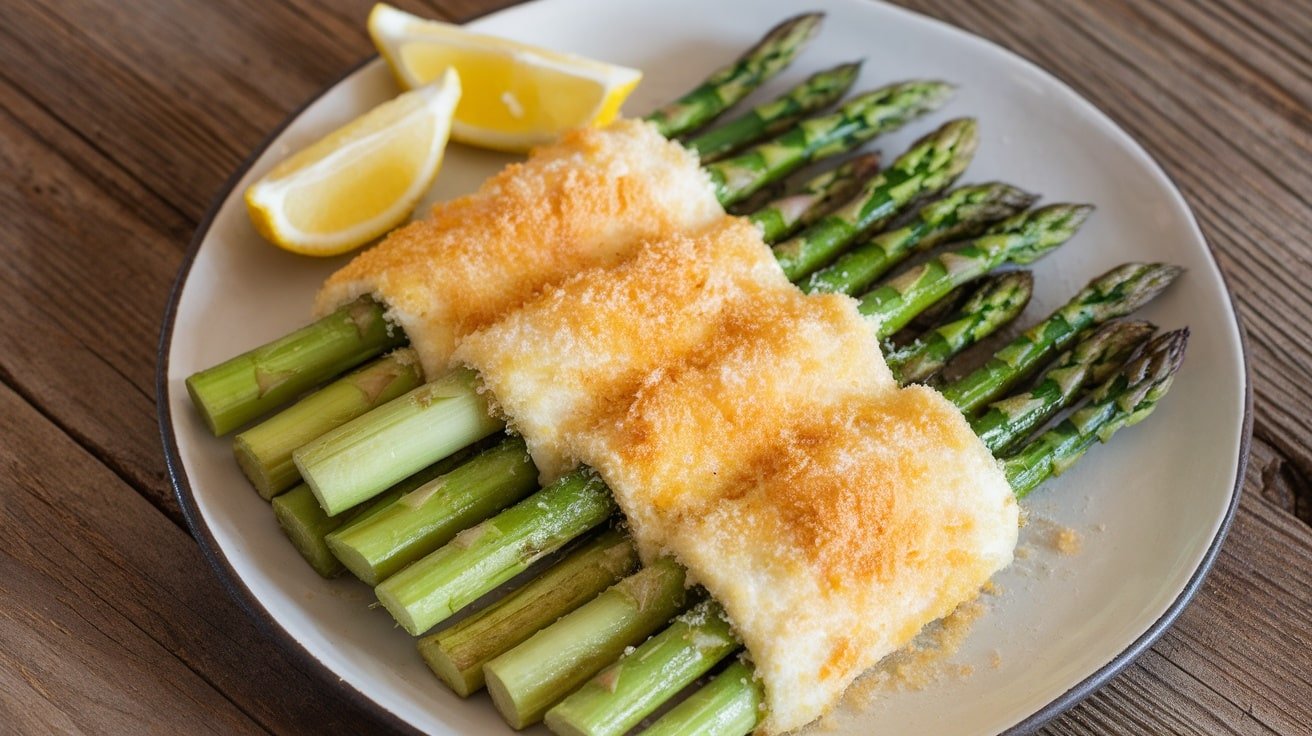 Crispy Parmesan asparagus spears on a plate, garnished with lemon wedges.