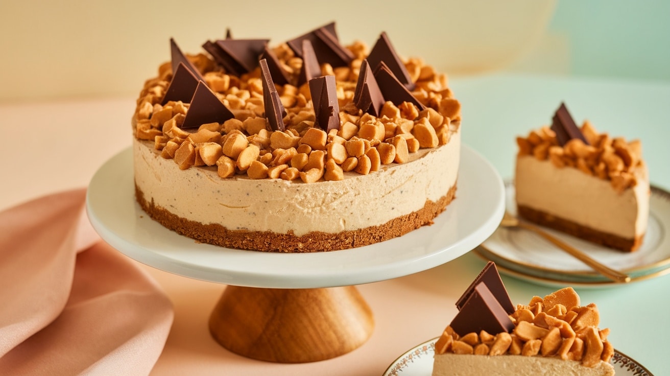 No-bake toffee crunch cheesecake with toffee bits and chocolate shavings on top, elegantly presented on a cake stand.