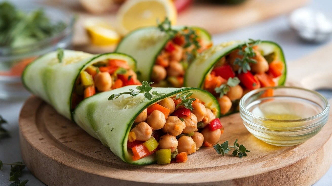 Cucumber and chickpea wraps filled with chickpeas and vegetables, garnished with herbs on a rustic wooden board.