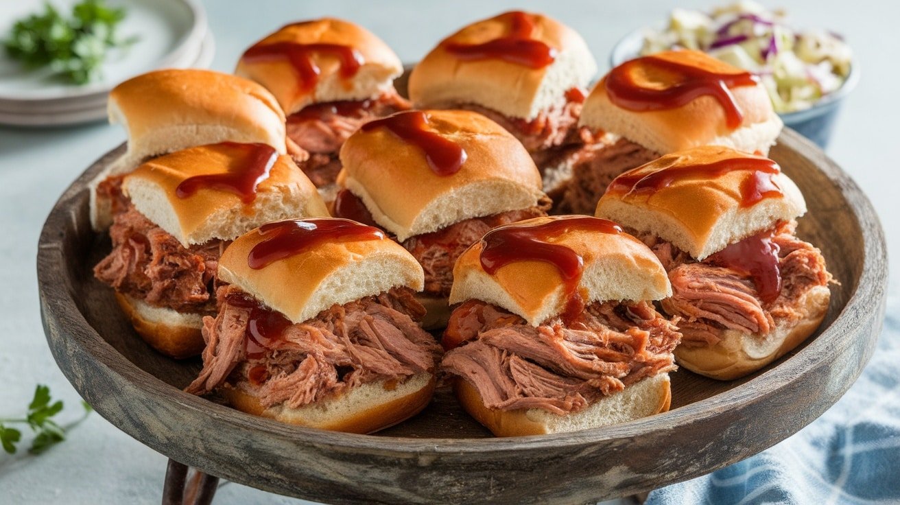 A close-up of BBQ pulled pork sliders on a wooden tray with coleslaw.