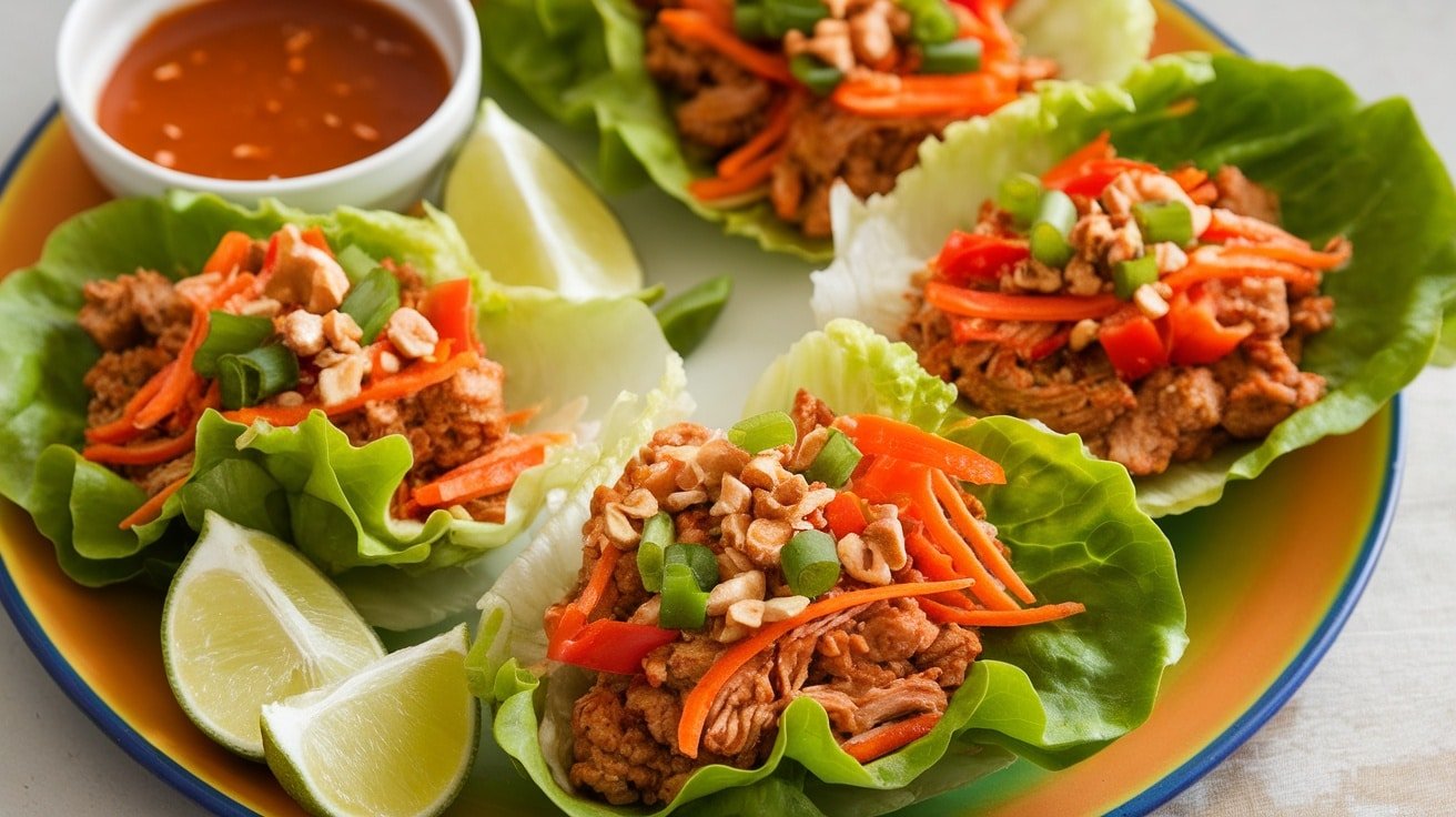 Plate of Sweet Chili Chicken Lettuce Wraps with chicken, carrots, and bell peppers in lettuce leaves, garnished with green onions and peanuts.