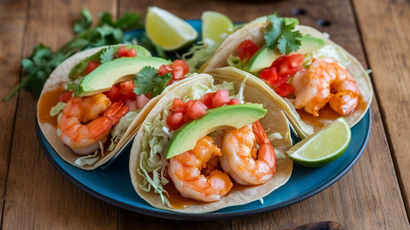 A close-up of honey garlic shrimp tacos topped with cabbage, tomatoes, and avocado on a rustic wooden table with lime wedges.