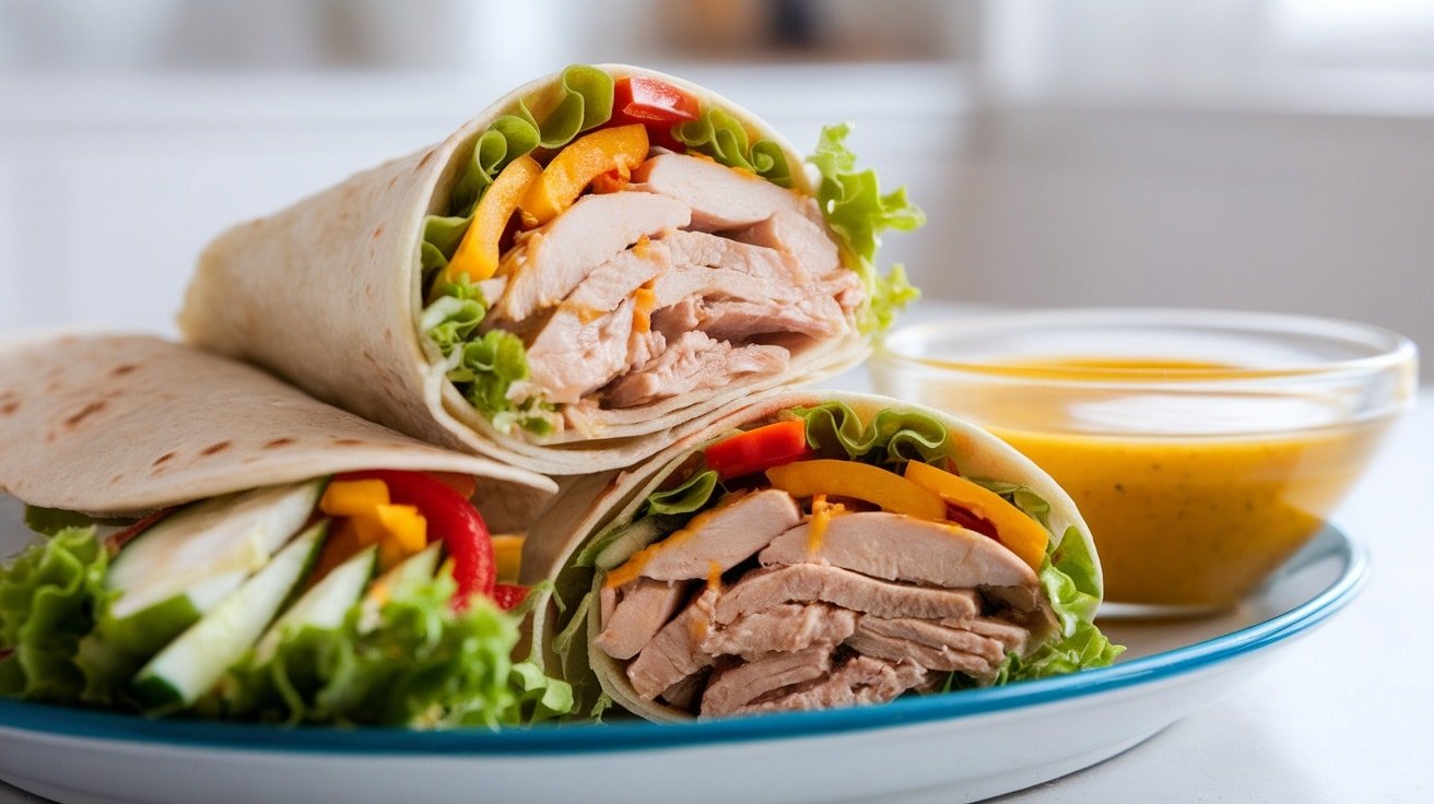 Honey mustard chicken wraps filled with colorful veggies on a plate, accompanied by a bowl of dressing.