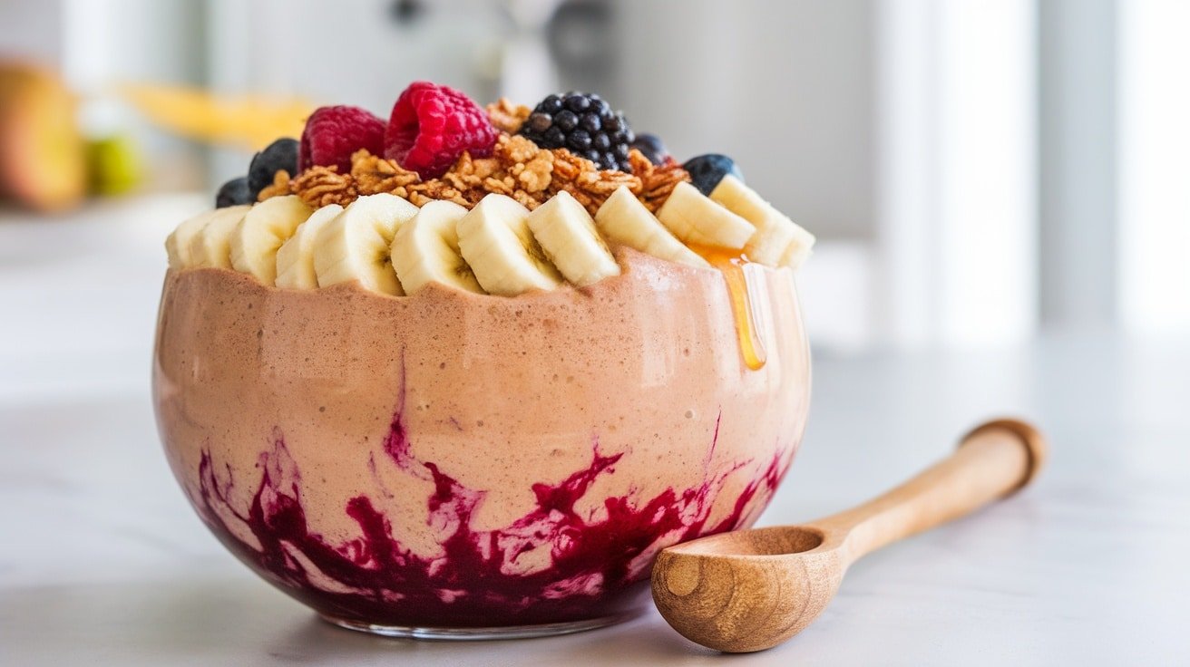 Peanut butter and jelly smoothie bowl topped with bananas, berries, and granola, served with a wooden spoon.