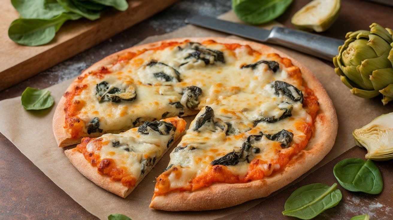 Freshly baked spinach and artichoke pita pizza topped with melted cheese, on a rustic kitchen table.