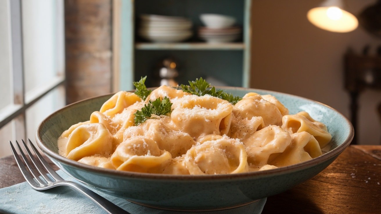 A bowl of cheesy tortellini alfredo garnished with Parmesan and parsley on a wooden table.
