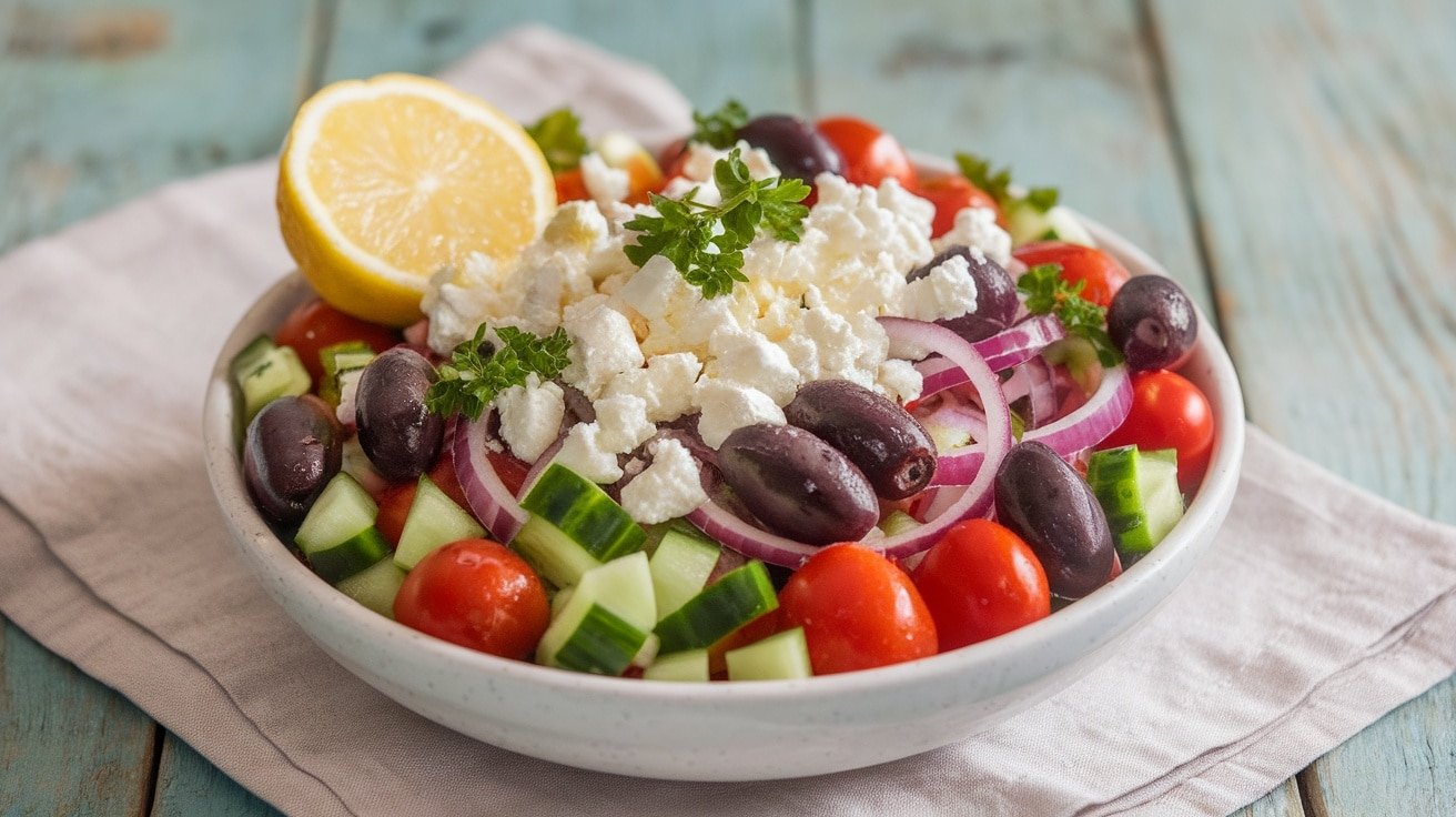 A colorful Mediterranean veggie bowl with tomatoes, cucumber, olives, feta, and parsley on a wooden table.