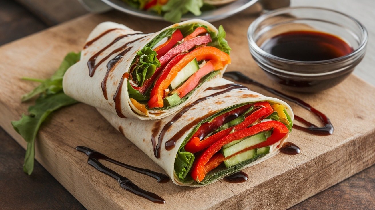 A plate of sliced veggie wraps filled with fresh vegetables and drizzled with balsamic glaze, served on a wooden cutting board.