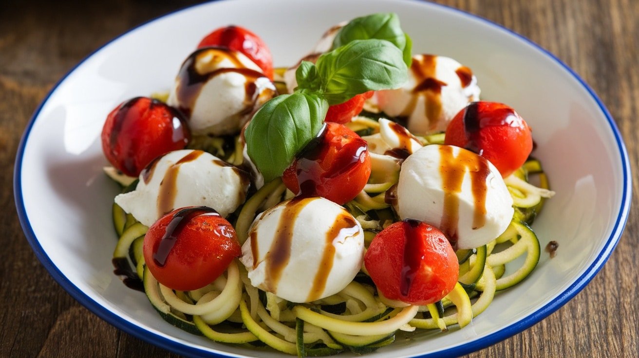 A colorful plate of Caprese zoodles with cherry tomatoes, mozzarella, and basil on a rustic table.