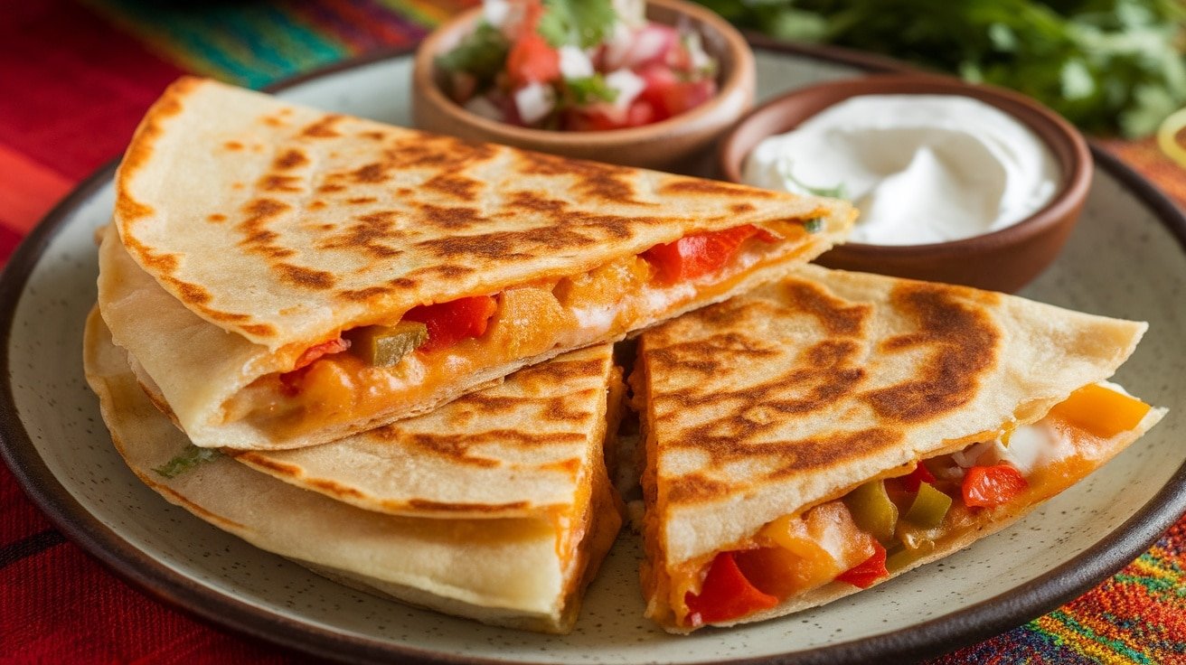 Crispy quesadilla with melted cheese and peppers, served with salsa and sour cream.