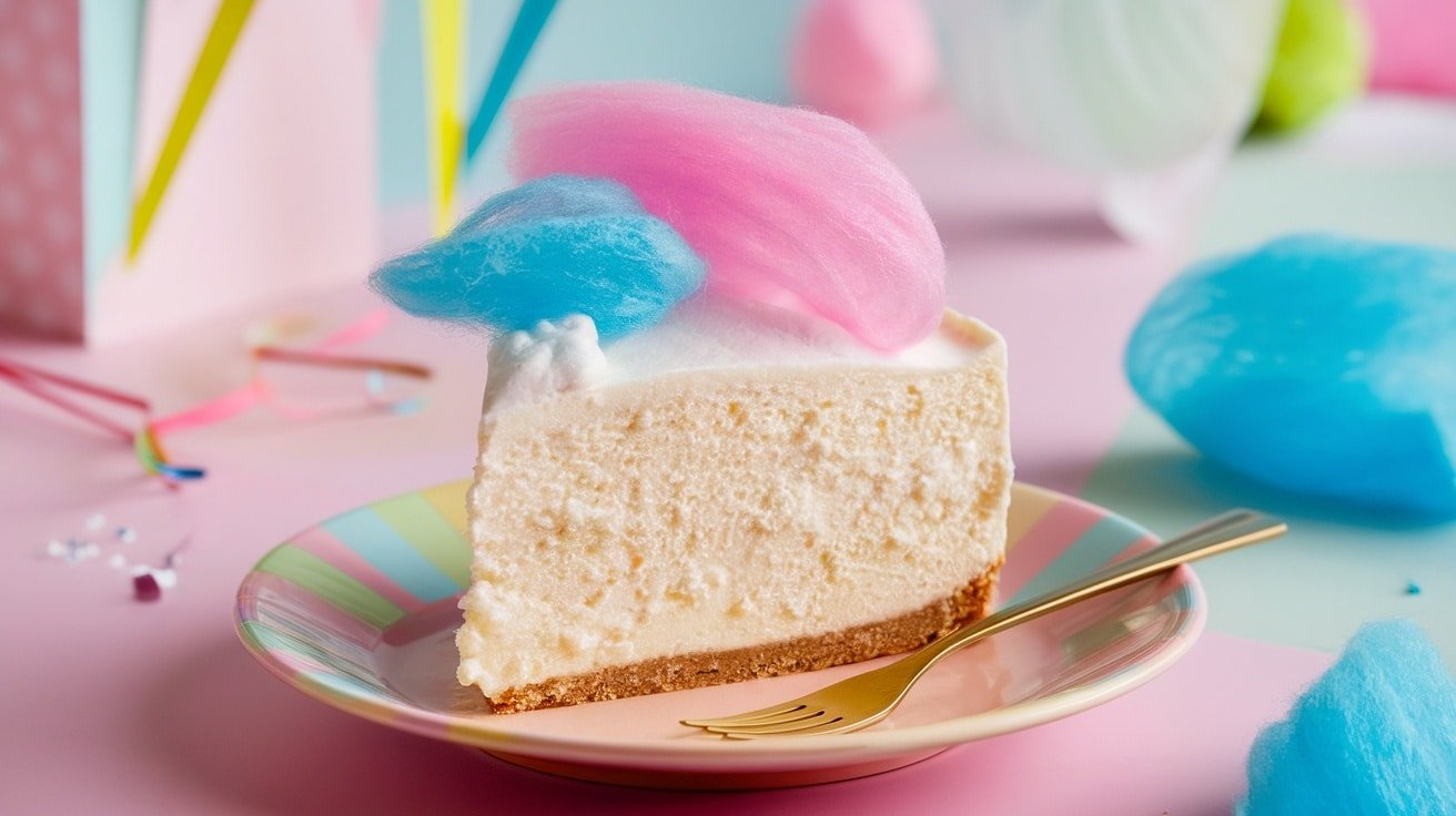 Slice of fluffy cotton candy cheesecake topped with colorful cotton candy on a cheerful plate.