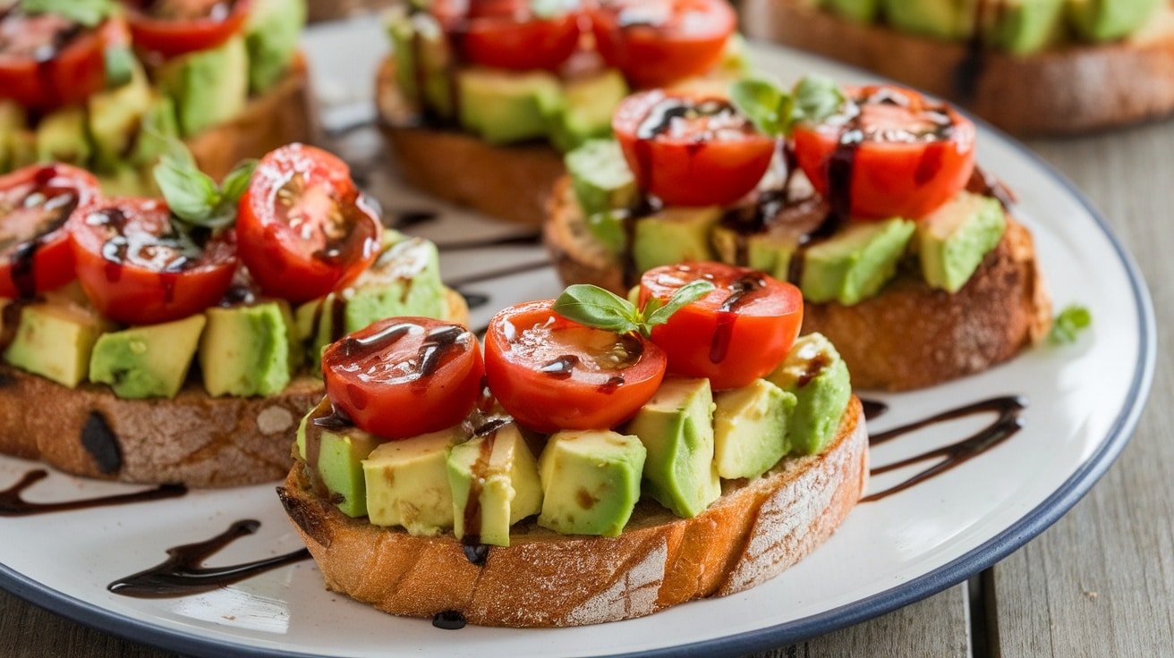 A close-up of bruschetta with avocado and tomatoes on toasted bread, garnished with basil and balsamic glaze.
