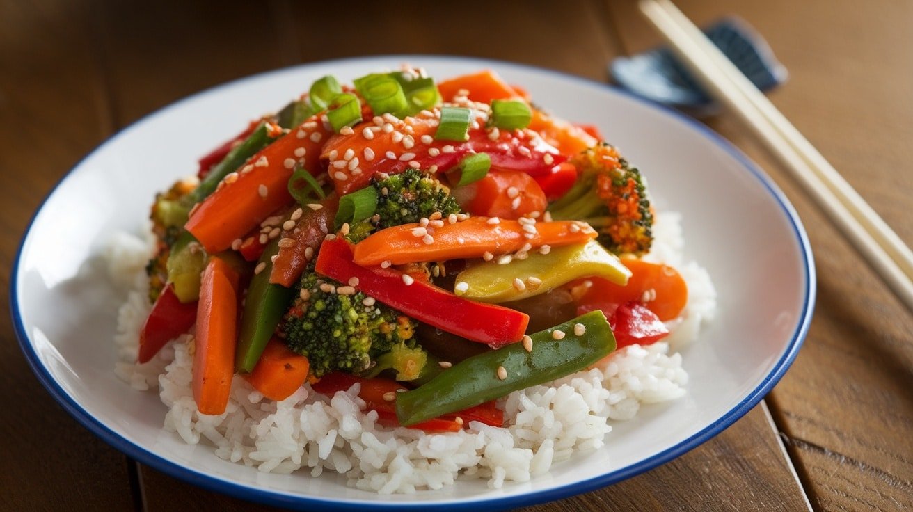 10-Minute Sesame Ginger Veggie Stir-Fry with colorful vegetables and sesame garnish over rice.
