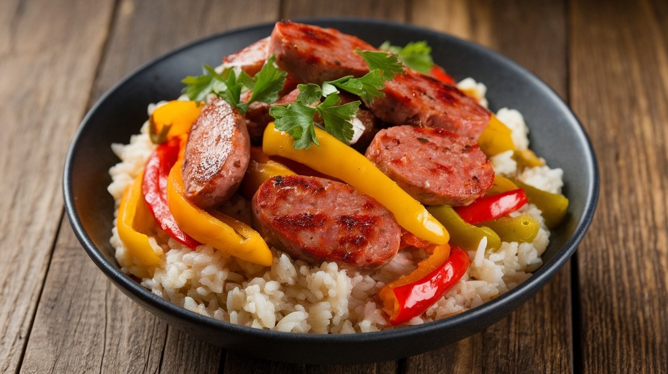 A bowl of smoky sausage and pepper stir-fry over rice, garnished with parsley, on a rustic table.
