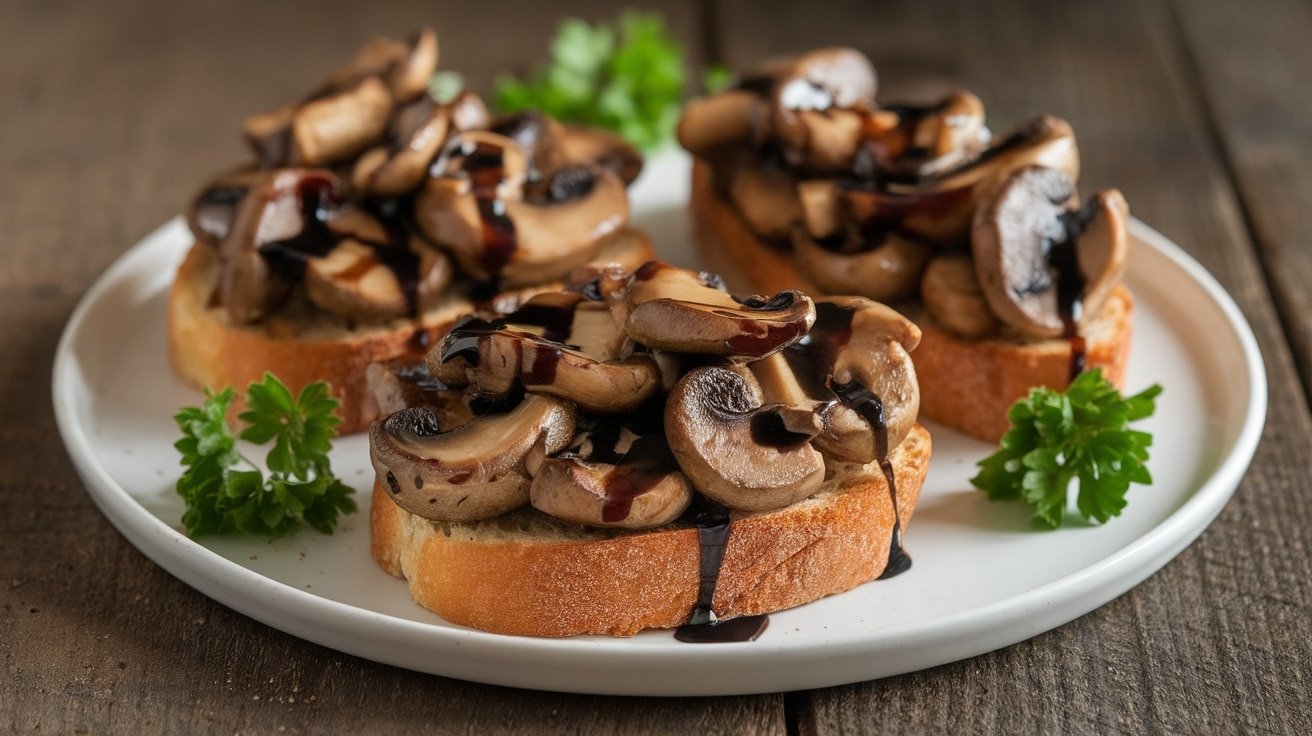 4 slices of toast topped with balsamic mushrooms and parsley on a wooden table.
