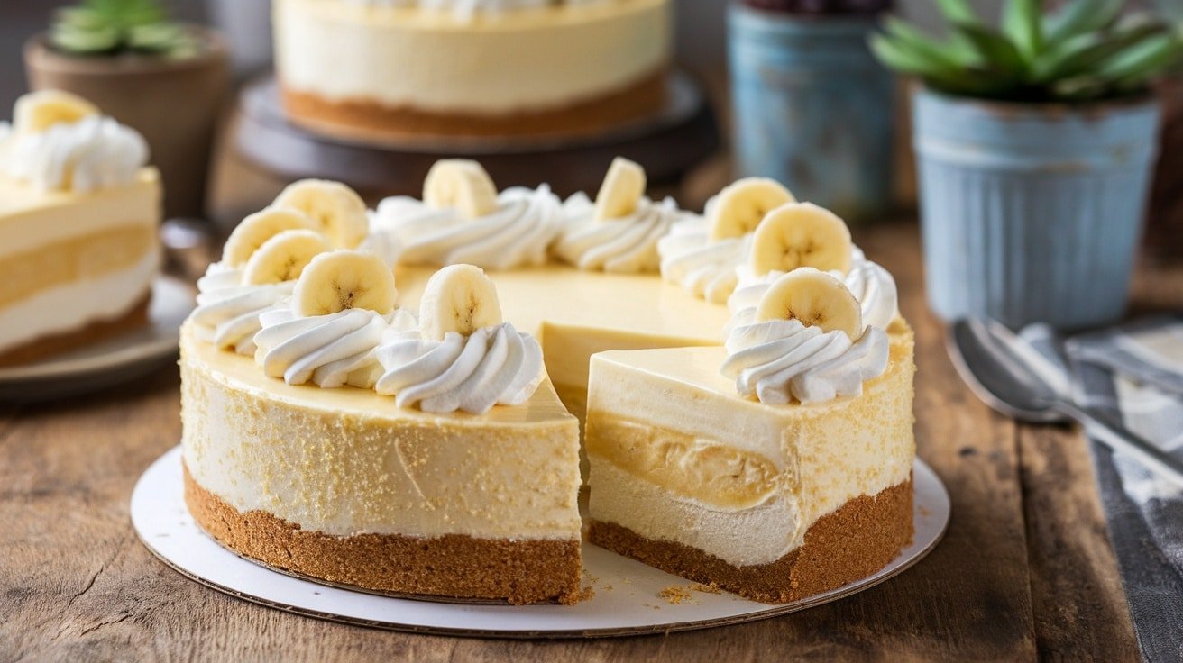 No-bake banana cream pie cheesecake with whipped cream and banana slices on top, displayed on a wooden table.