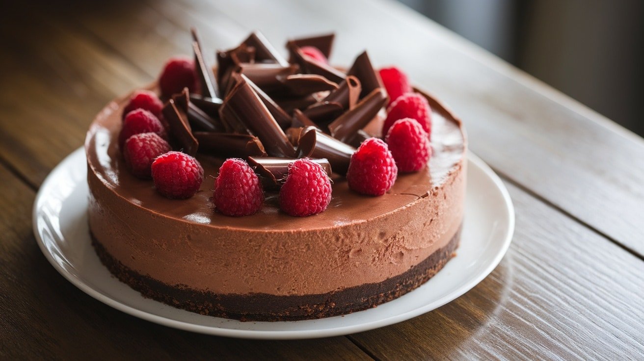 No-Bake Chocolate Cheesecake topped with chocolate shavings and raspberries on a wooden table.