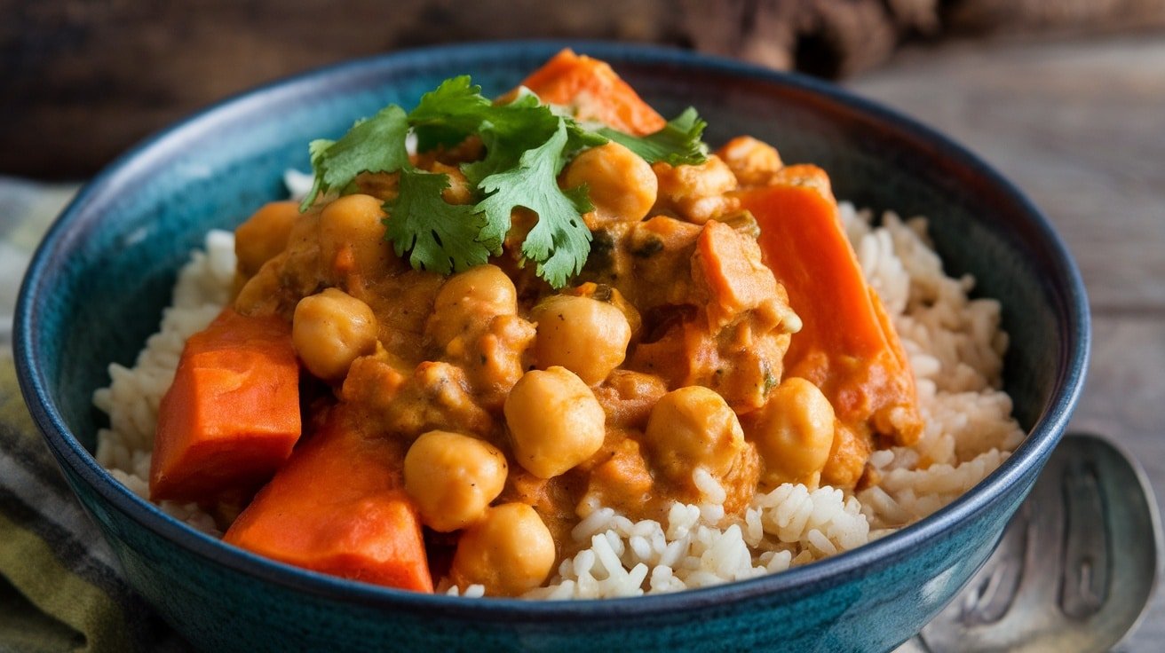 A colorful bowl of sweet potato and chickpea curry with rice and cilantro on a rustic wooden table.