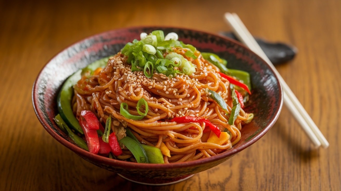 A delicious bowl of ginger garlic noodles with mixed vegetables and garnished with green onions and sesame seeds.