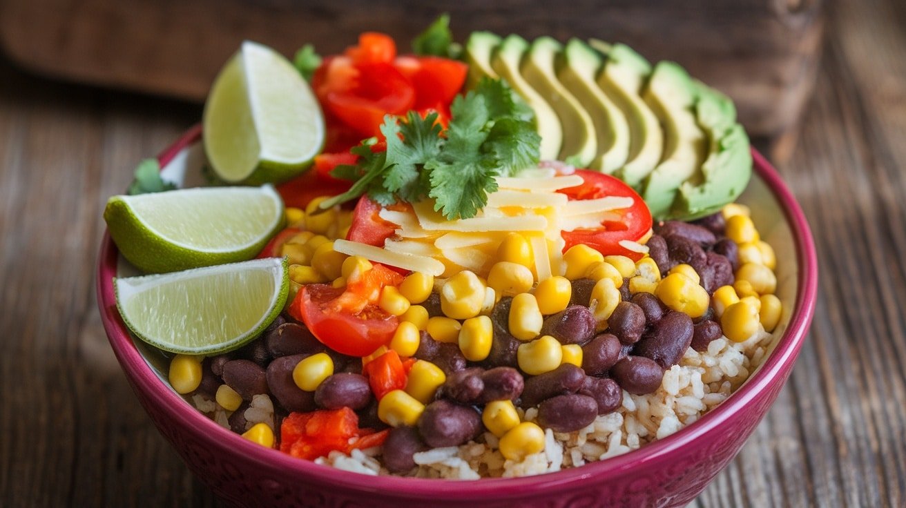 Colorful black bean burrito bowl with rice, beans, vegetables, avocado, and lime on a wooden table.