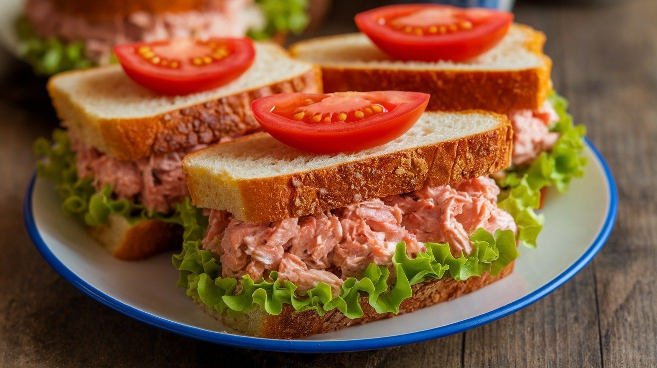 Two spicy tuna salad sandwiches on a plate with lettuce and tomatoes, set on a rustic table.