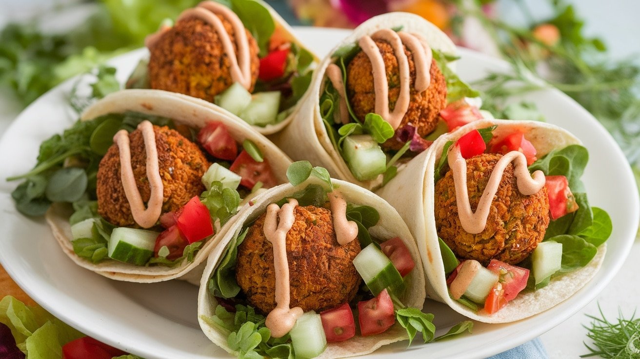 Crispy falafel wraps filled with greens, tomatoes, and tahini sauce on a colorful plate.
