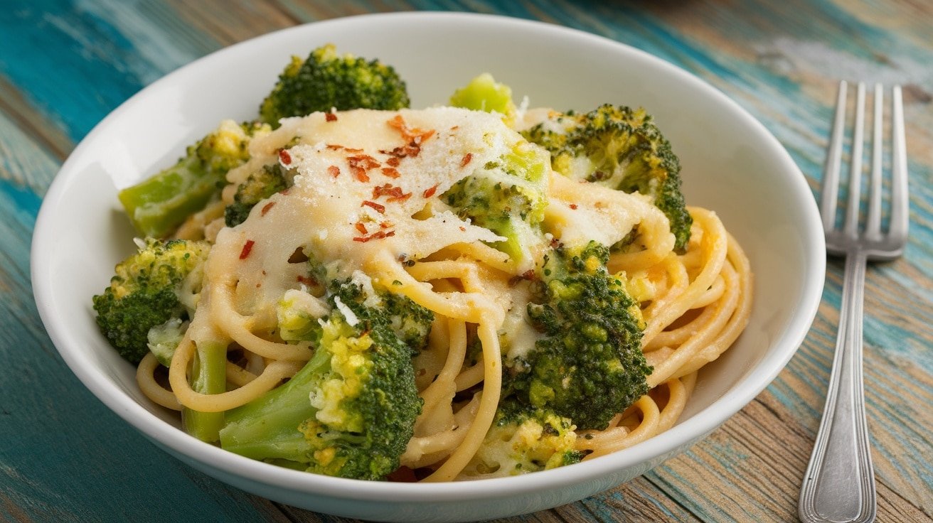 A bowl of garlic parmesan broccoli pasta topped with parmesan cheese and red pepper flakes on a wooden table.
