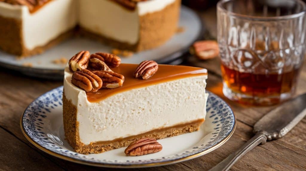 No-Bake Bourbon Caramel Pecan Cheesecake