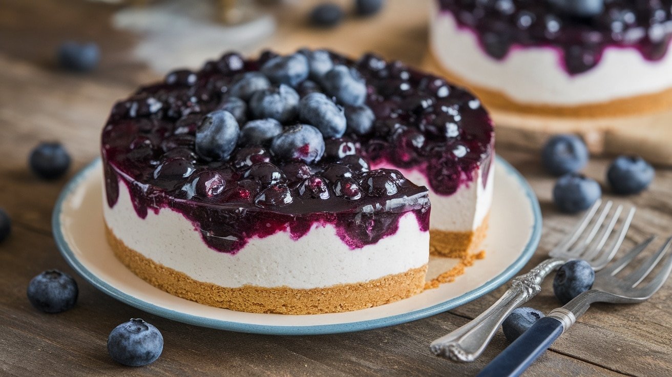 A no-bake blueberry cheesecake with a graham cracker crust, topped with blueberry compote and fresh blueberries, displayed on a wooden table.
