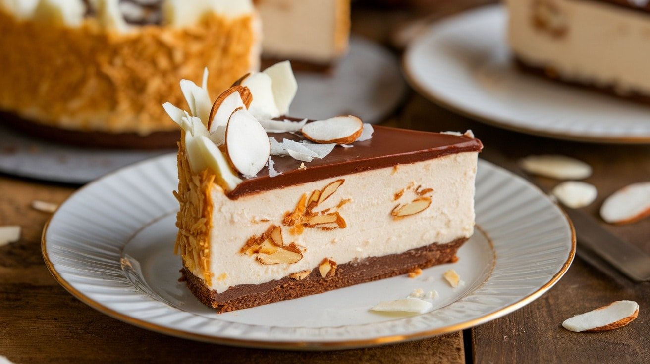 Slice of No-Bake Almond Joy Cheesecake with chocolate ganache and almonds on a rustic wooden table.