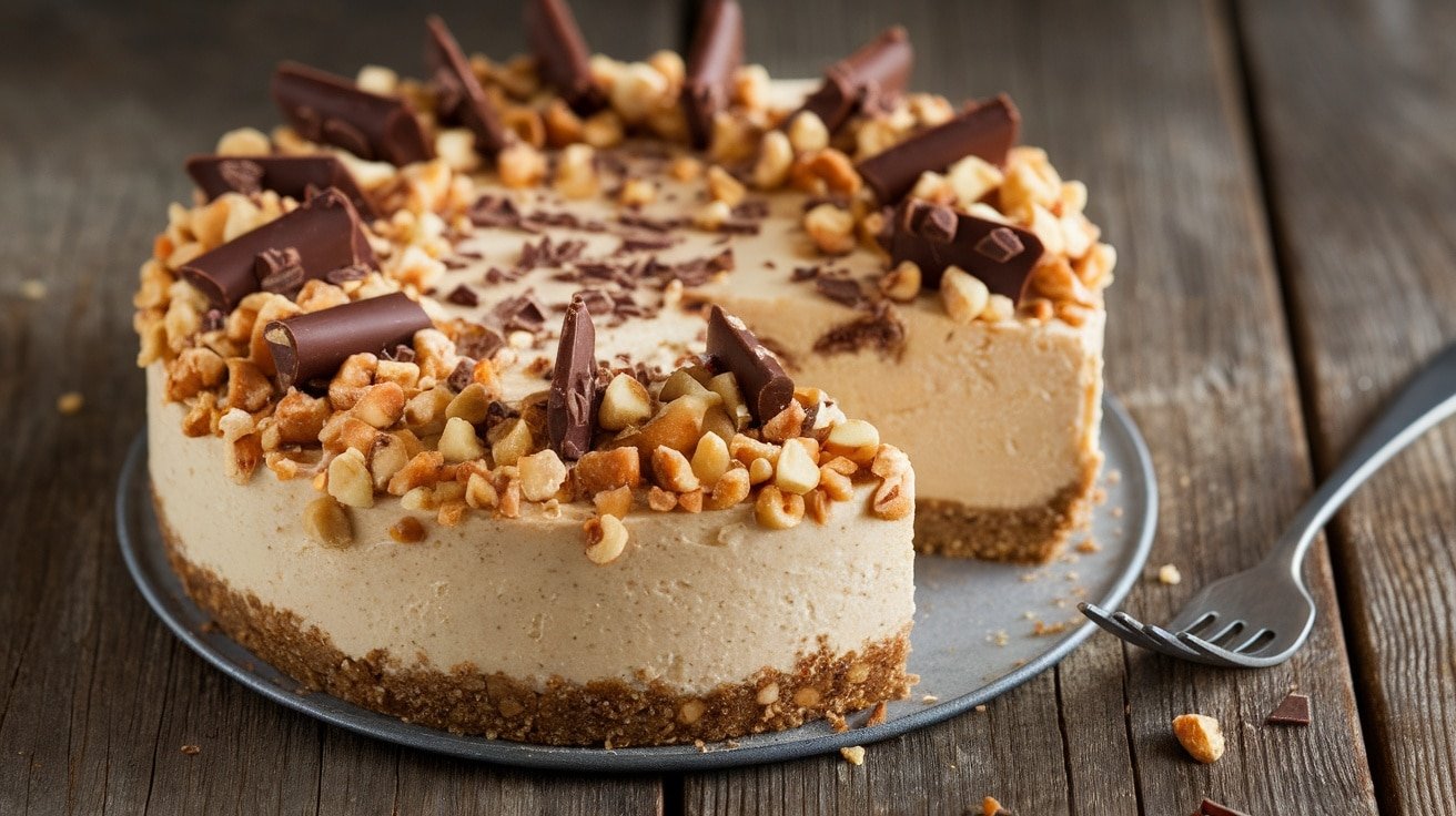No-Bake Hazelnut Crunch Cheesecake topped with hazelnuts and chocolate on a wooden table.