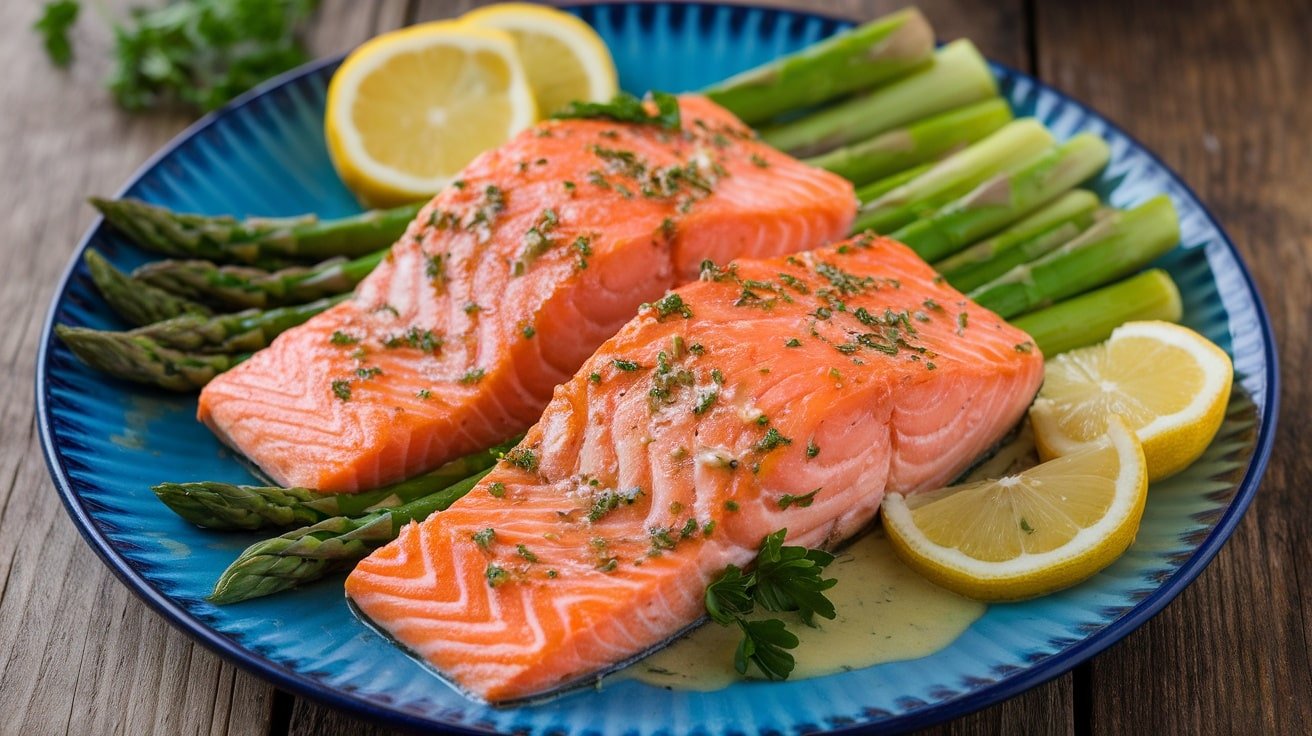 Lemon herb salmon with asparagus on a plate garnished with lemon slices and parsley.