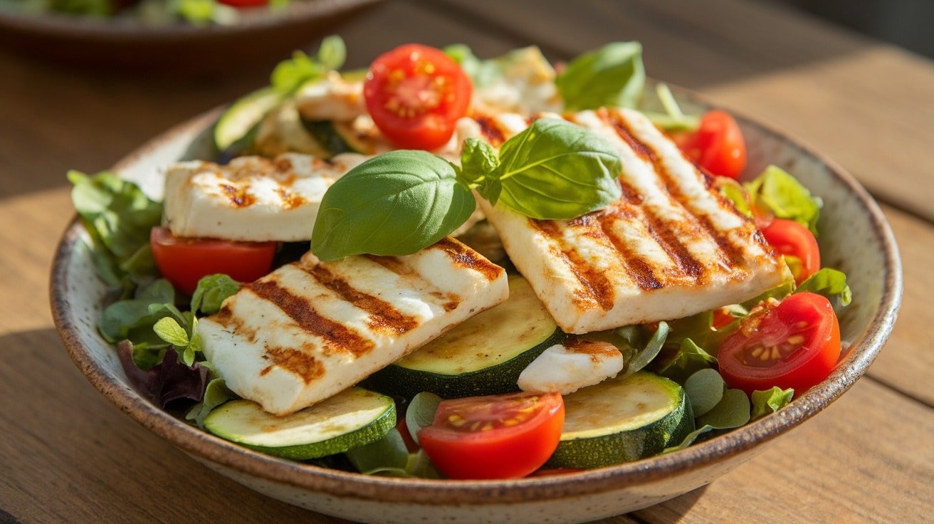 A colorful salad with grilled halloumi, zucchini, cherry tomatoes, and basil in a rustic bowl on a wooden table.