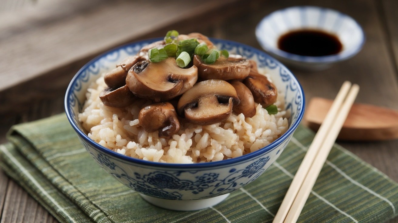 A bowl of garlic mushroom and rice topped with green onions, served with chopsticks and soy sauce.