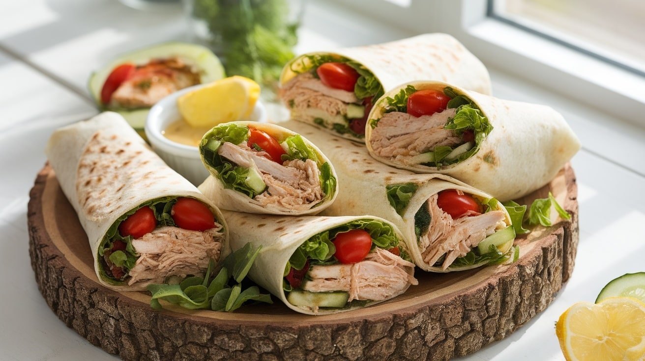 Lemon dill chicken wraps filled with chicken, greens, cucumbers, and tomatoes, displayed on a wooden platter.