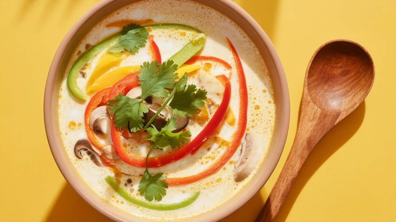 A bowl of Thai Coconut Curry Soup with bell peppers, mushrooms, and cilantro garnish on a bright background.