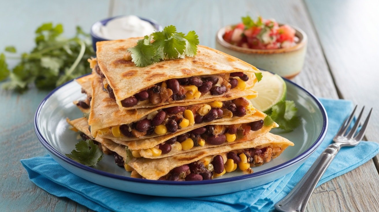 Golden brown quesadillas filled with black beans and corn, served with salsa and sour cream on a rustic table.