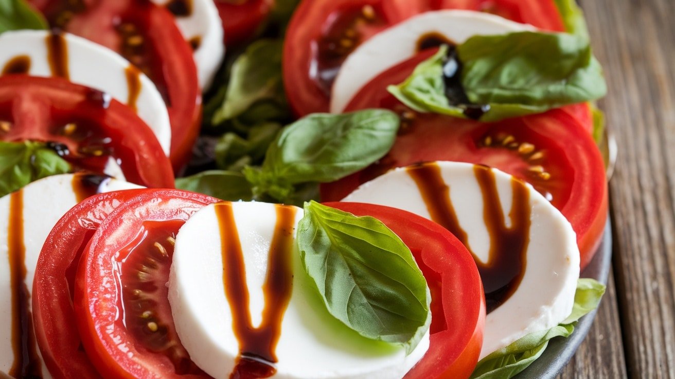 A colorful Caprese salad with tomatoes, mozzarella, and basil, drizzled with balsamic glaze on a wooden table.