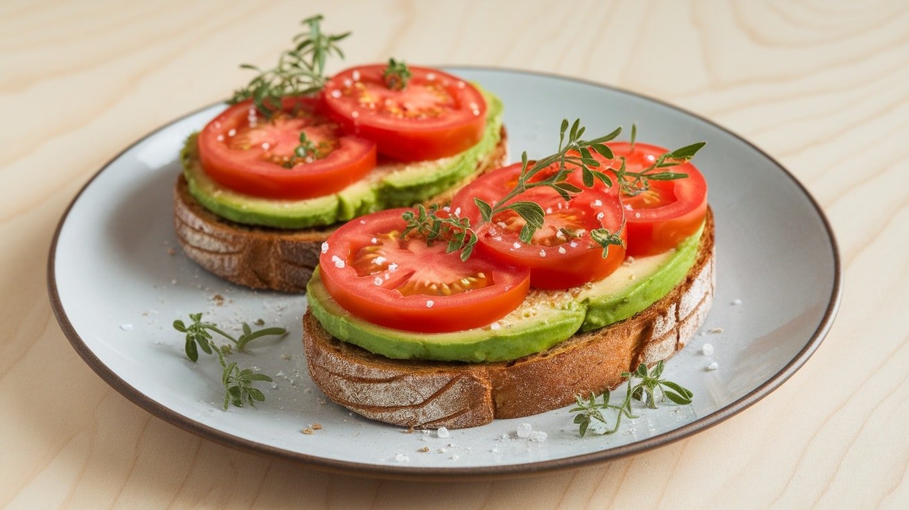 Two slices of Tomato and Avocado Toast topped with herbs, on a light wooden table.