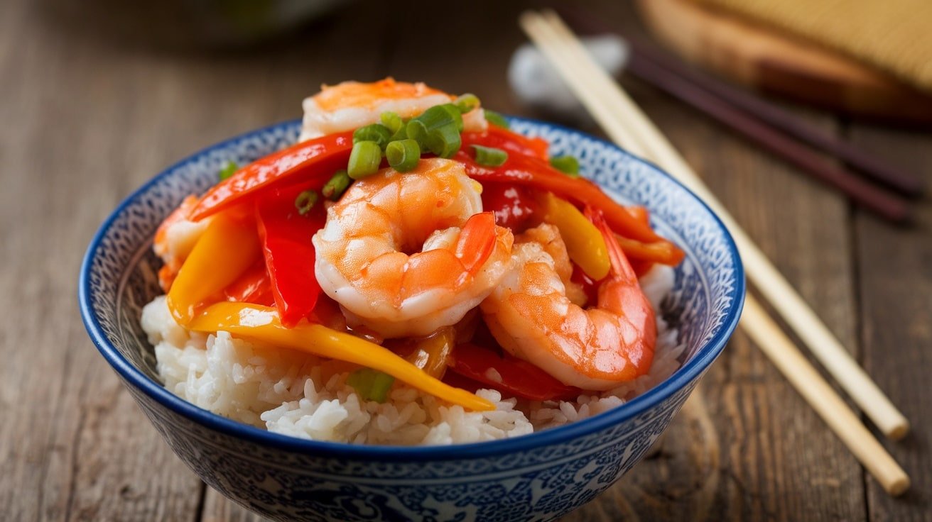A colorful bowl of sweet and sour shrimp with rice and vegetables, garnished with green onions.