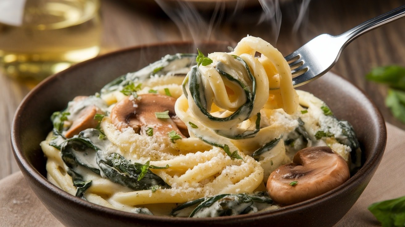 A bowl of creamy spinach and mushroom pasta garnished with Parmesan and parsley on a rustic table.