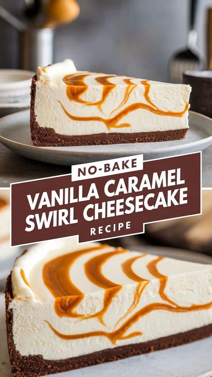 No-Bake Vanilla Caramel Swirl Cheesecake